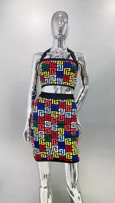 RACHEL MONOGRAM KNIT HALTERNECK TOP SKIRT SET