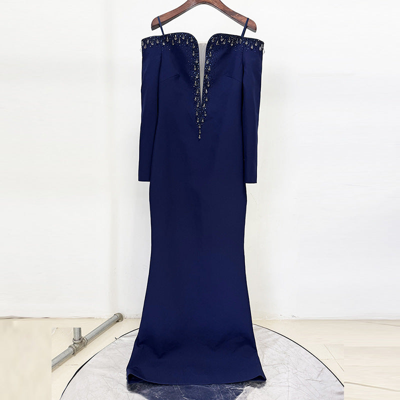 navy blue one-line collar bead diamond long dress