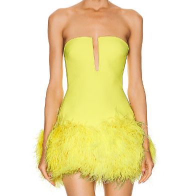 DEEP V TUBE TOP OSTRICH FEATHER HIP-WRAPPED MINI DRESS YELLOW