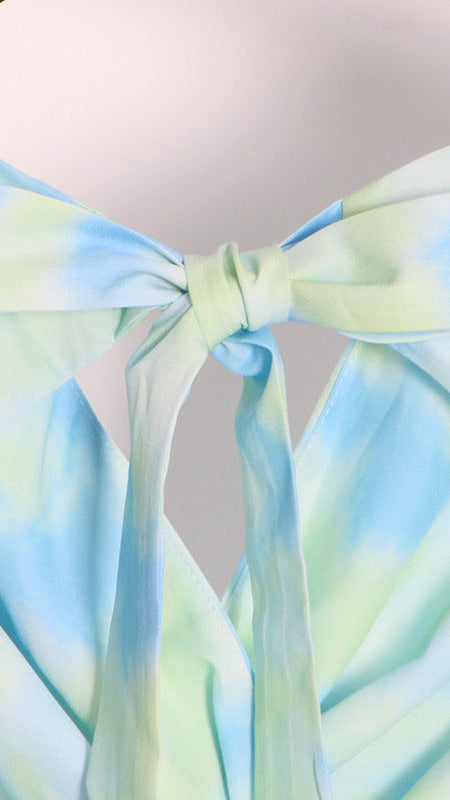 CHIC TIE-DYE TWISTED CUTOUT LONG SLEEVE CROP TOP FOR WOMEN