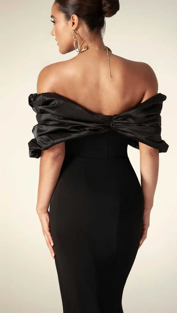 AIIZIE SOPHIA OFF SHOULDER RUCHED MAXI SLIT DRESS IN BLACK - product image