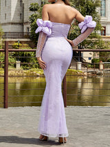 EMILY PURPLE MESH PATCHWORK SEQUIN STRAPLESS MAXI DRESS