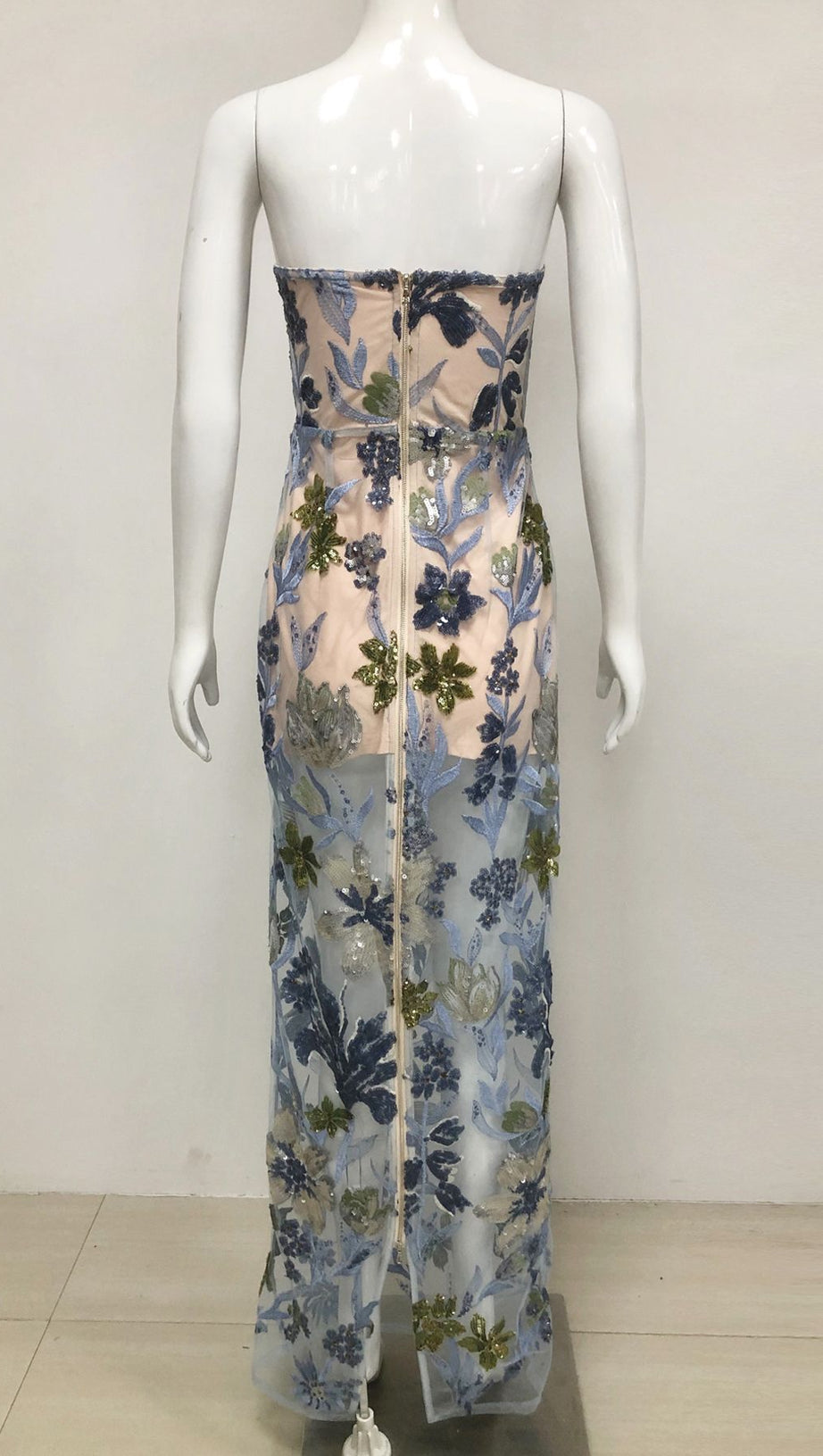 OFF-SHOULDER WITH 3D MESH EMBROIDERED SEQUINS MAXI DRESS WHITE