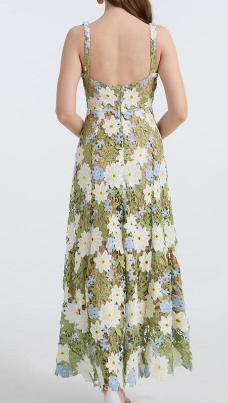 CELESTE FLORAL HOLLOW STITCHING MAXI DRESS IN GREEN