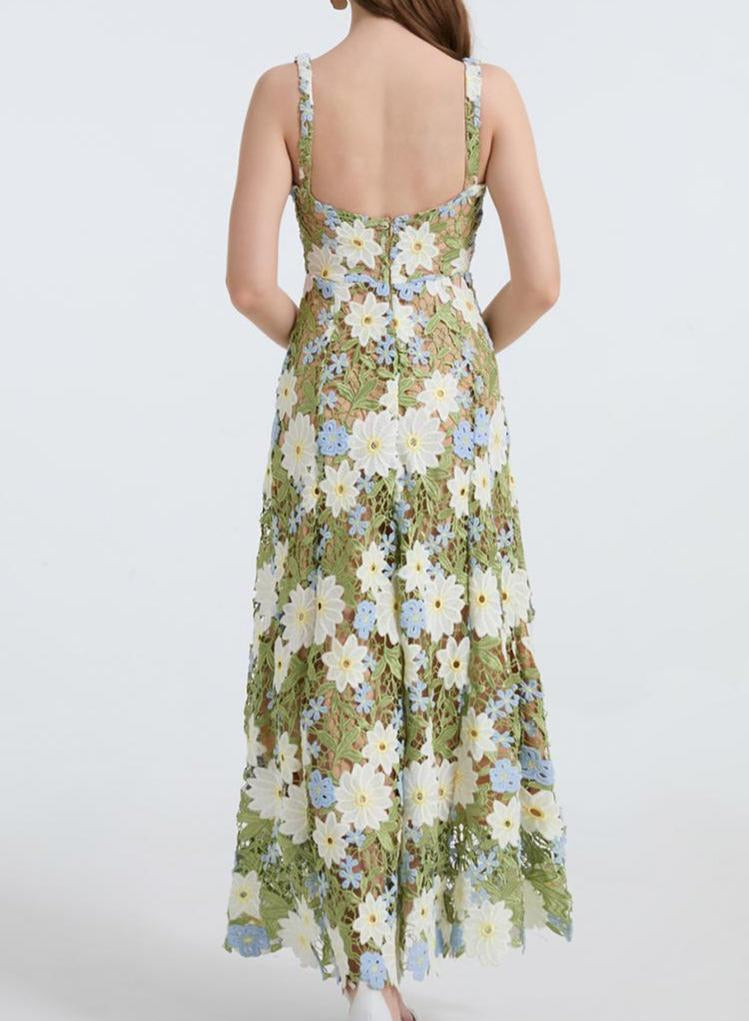 AIIZIE CELESTE FLORAL HOLLOW STITCHING MAXI DRESS IN GREEN - product image