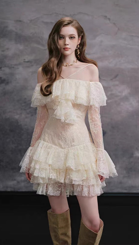 Elisha Off Shoulder Lace Ruffle Mini Dress