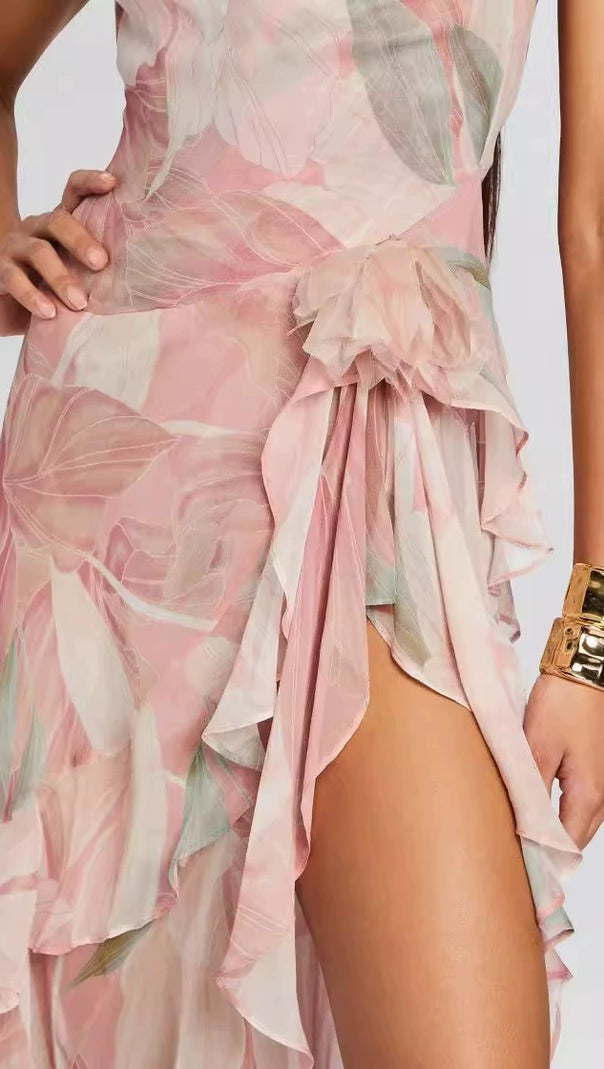 AIIZIE ZORA PINK FLORAL-PRINT RUFFLED SILK MIDI DRESS - product image