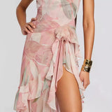 ZORA PINK FLORAL-PRINT RUFFLED SILK MIDI DRESS