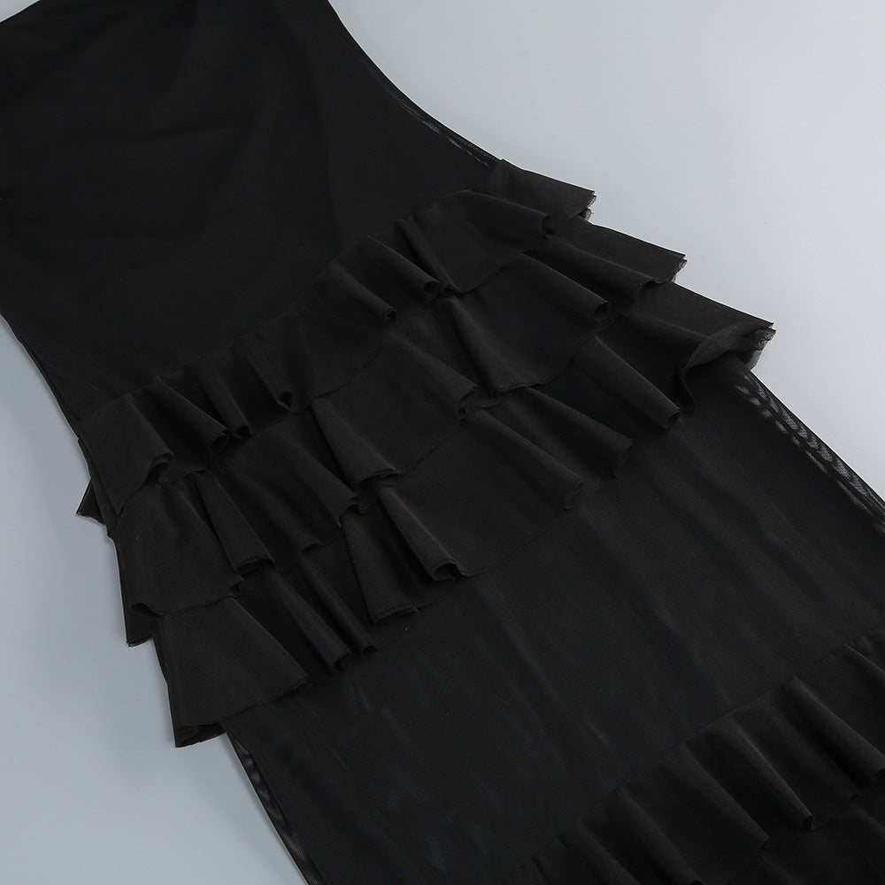 AIIZIE BLACK STRAPLESS TIERED RUFFLE MESH MIDI DRESS - product image