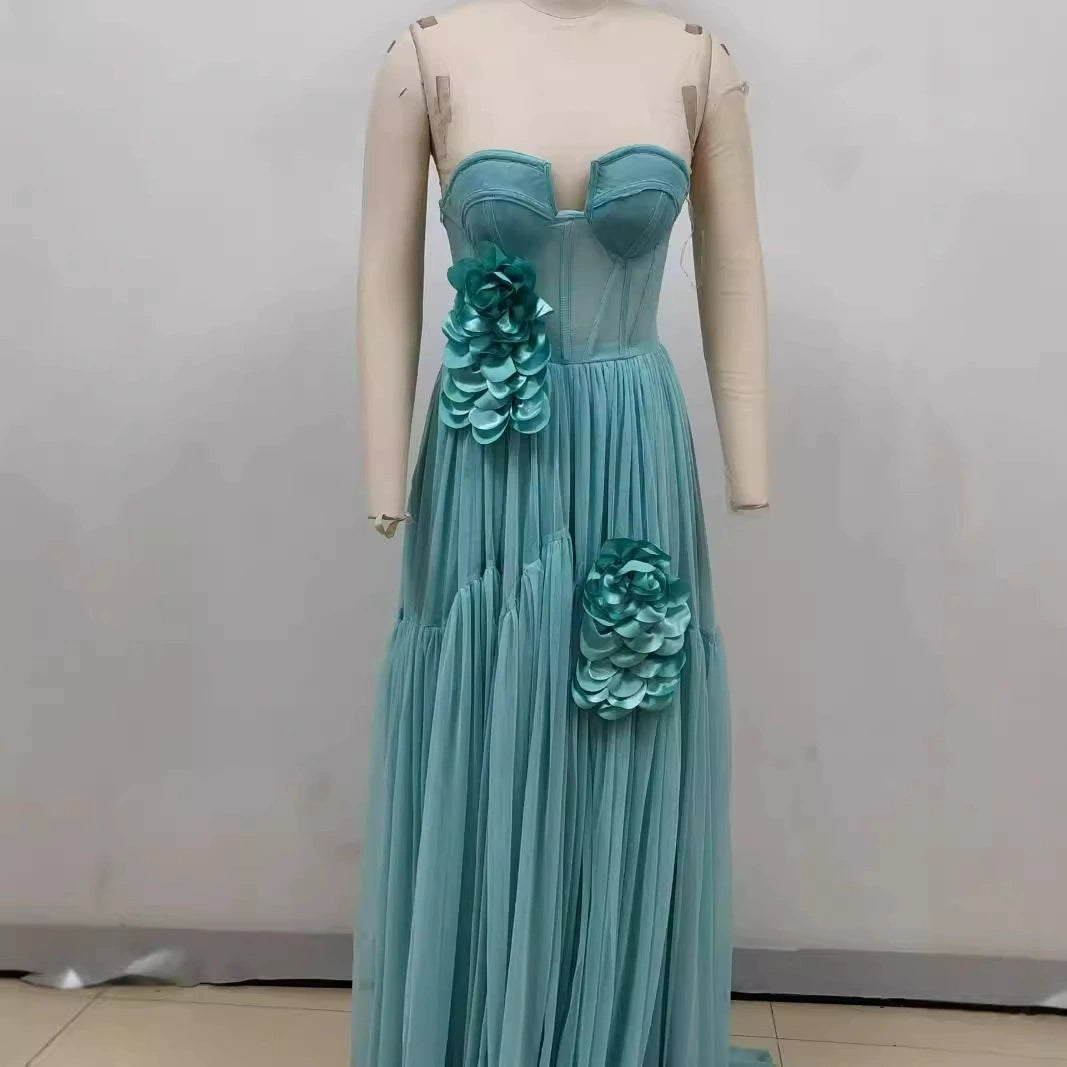 AALIYAH GREEN FLOWER EMBELLISH TULLE STRAPLESS MAXI DRESS