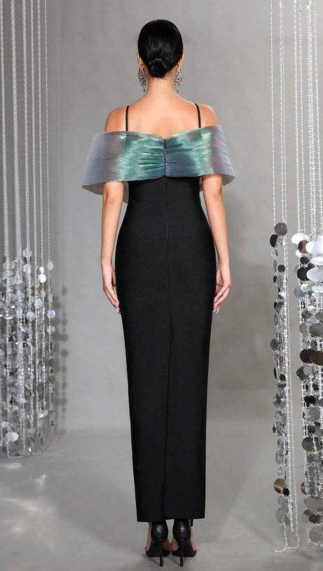 CONFIDENCE-BOOSTING IRIDESCENT CROSS-SHOULDER BANDAGE MAXI GOWN