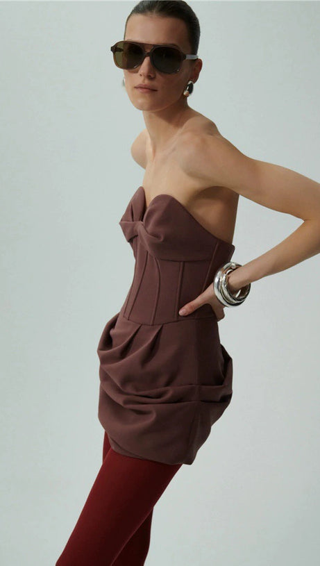 GRISELDA DRAPIERTES BUSTIER-MINIKLEID AUS WOLLMISCHUNG IN BRAUN