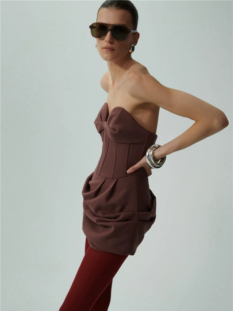 AIIZIE GRISELDA DRAPED WOOL-BLEND BUSTIER MINI DRESS IN BROWN - product image