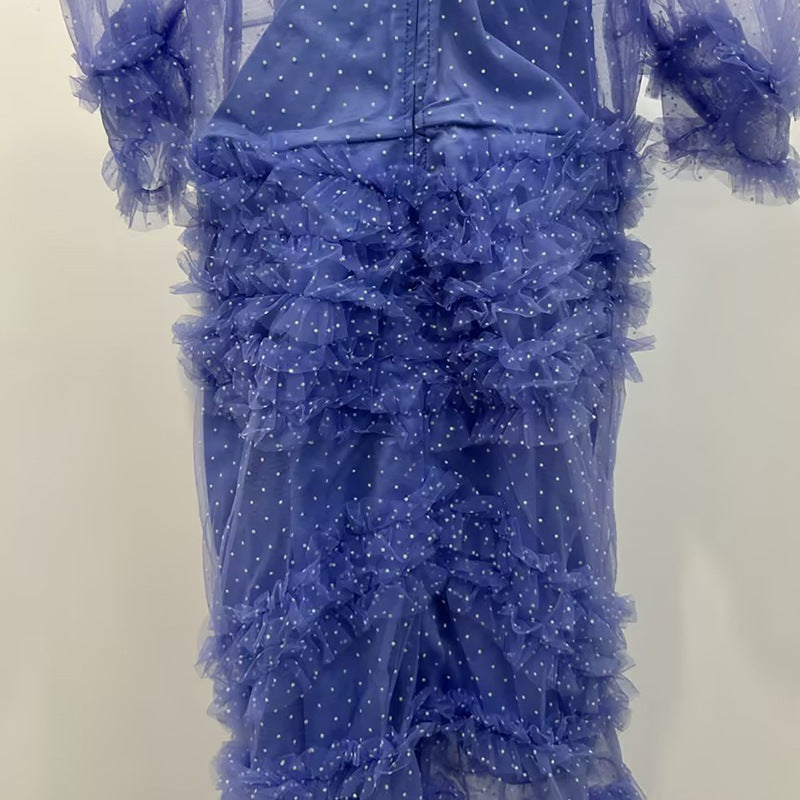 V-NECKLINE TIERED MESH GOWN IN BLUE