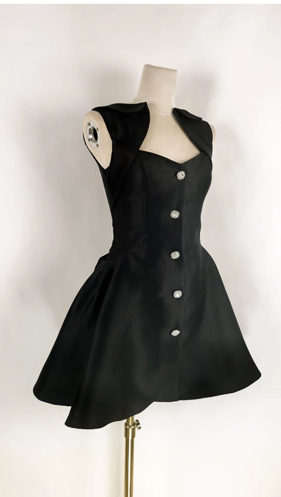 DIAMOND BUTTONED SATIN MINI DRESS IN BLACK