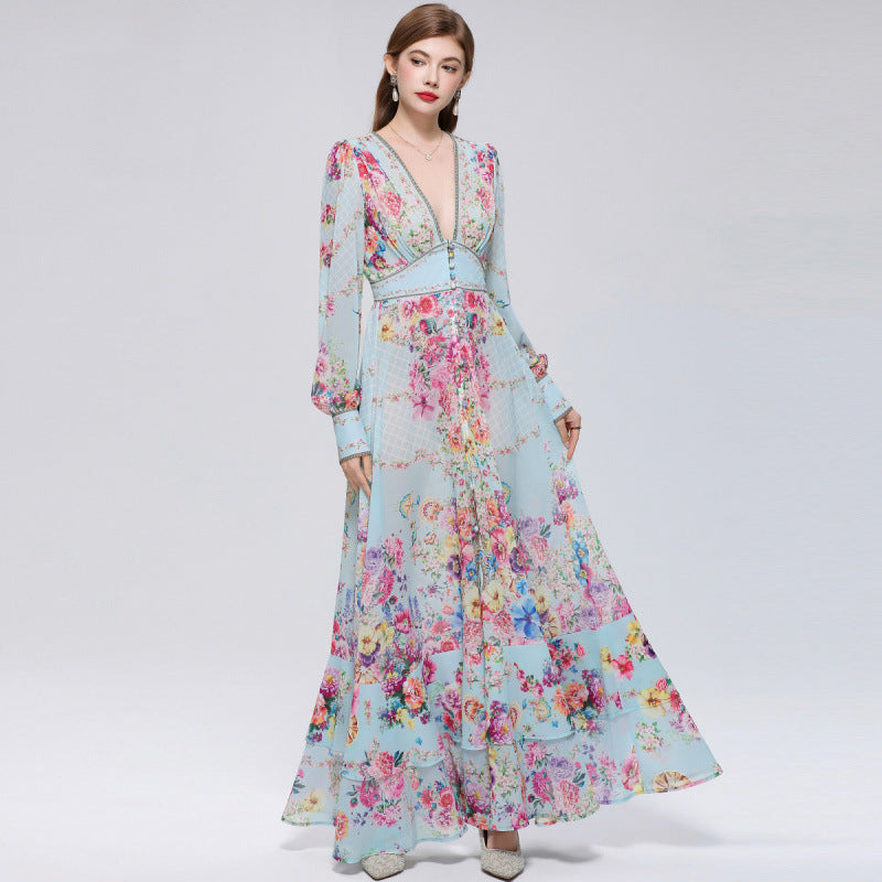 xaviera Chiffon mesh A-line printed maxi dress