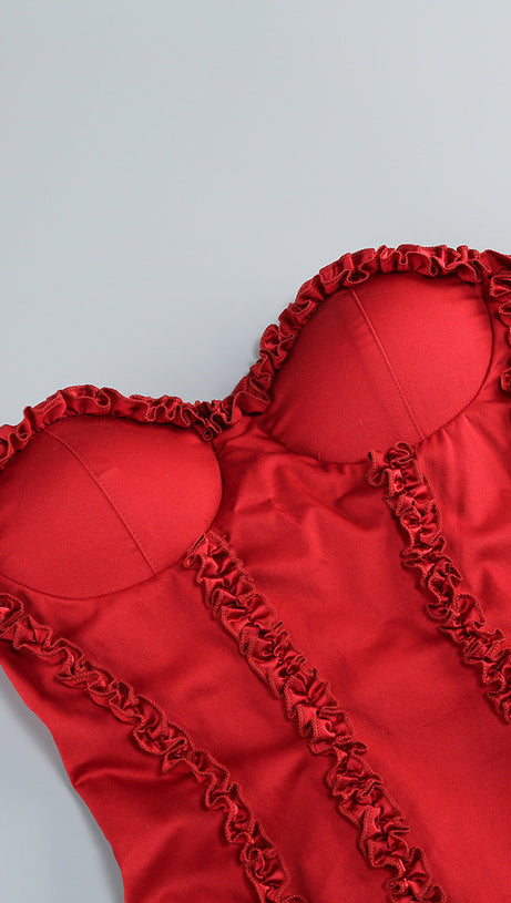 SALLY RUFFLE TRIM STRAPLESS MINI DRESS IN RED