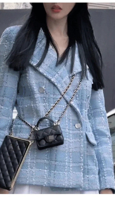 PLAID DOUBLE BREASTED TWEED BLAZER IN BLUE