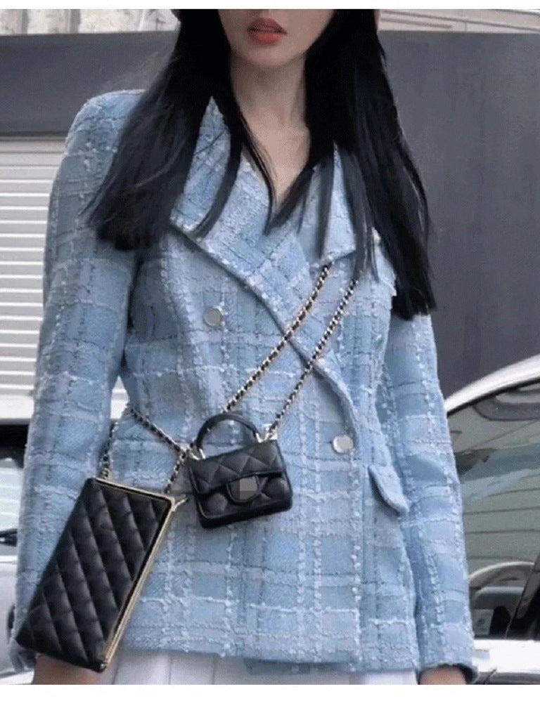 AIIZIE PLAID DOUBLE BREASTED TWEED BLAZER IN BLUE - product image