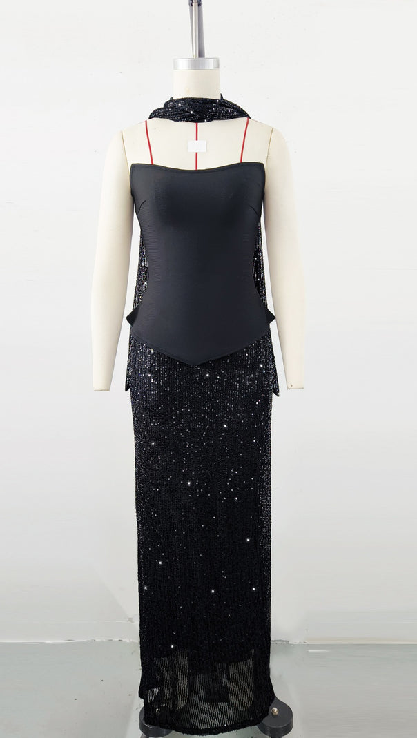 AIIZIE BLACK TOP AND SEQUINED FLOOR-LENGTH SKIRT SUIT - product image