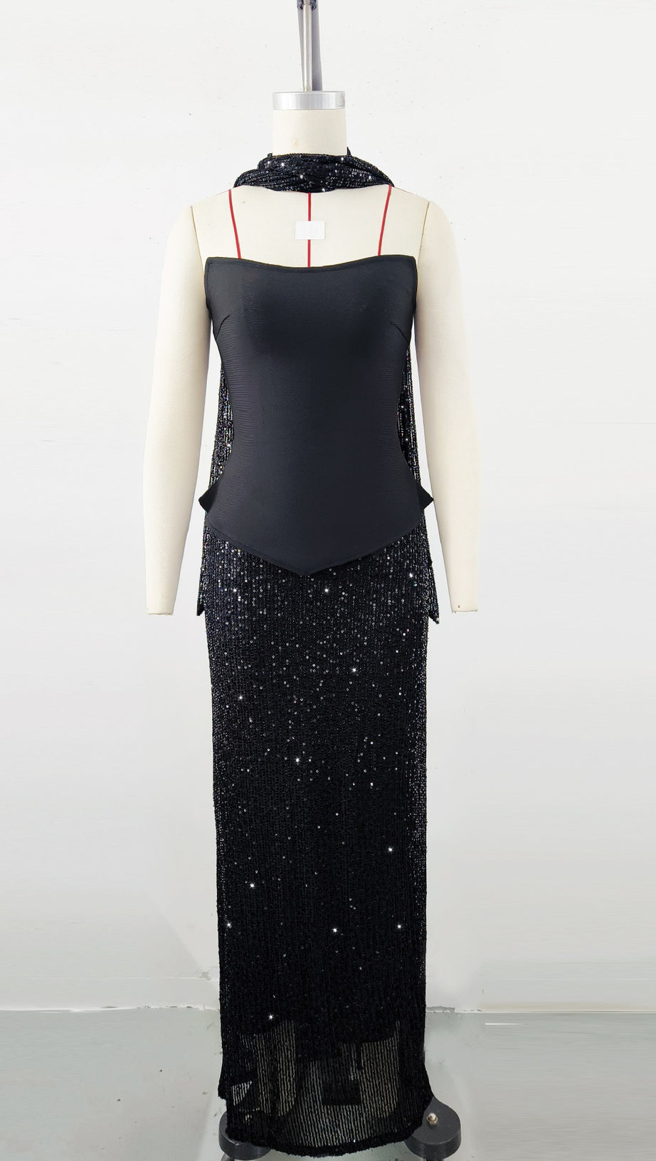 BLACK TOP AND SEQUINED FLOOR-LENGTH SKIRT SUIT