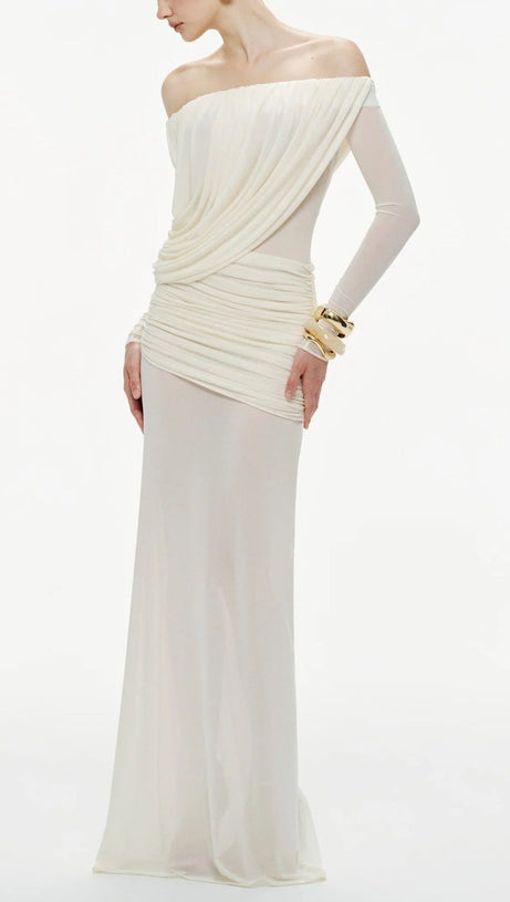 cara Off-shoulder long sleeve pleated mesh maxi dress in white