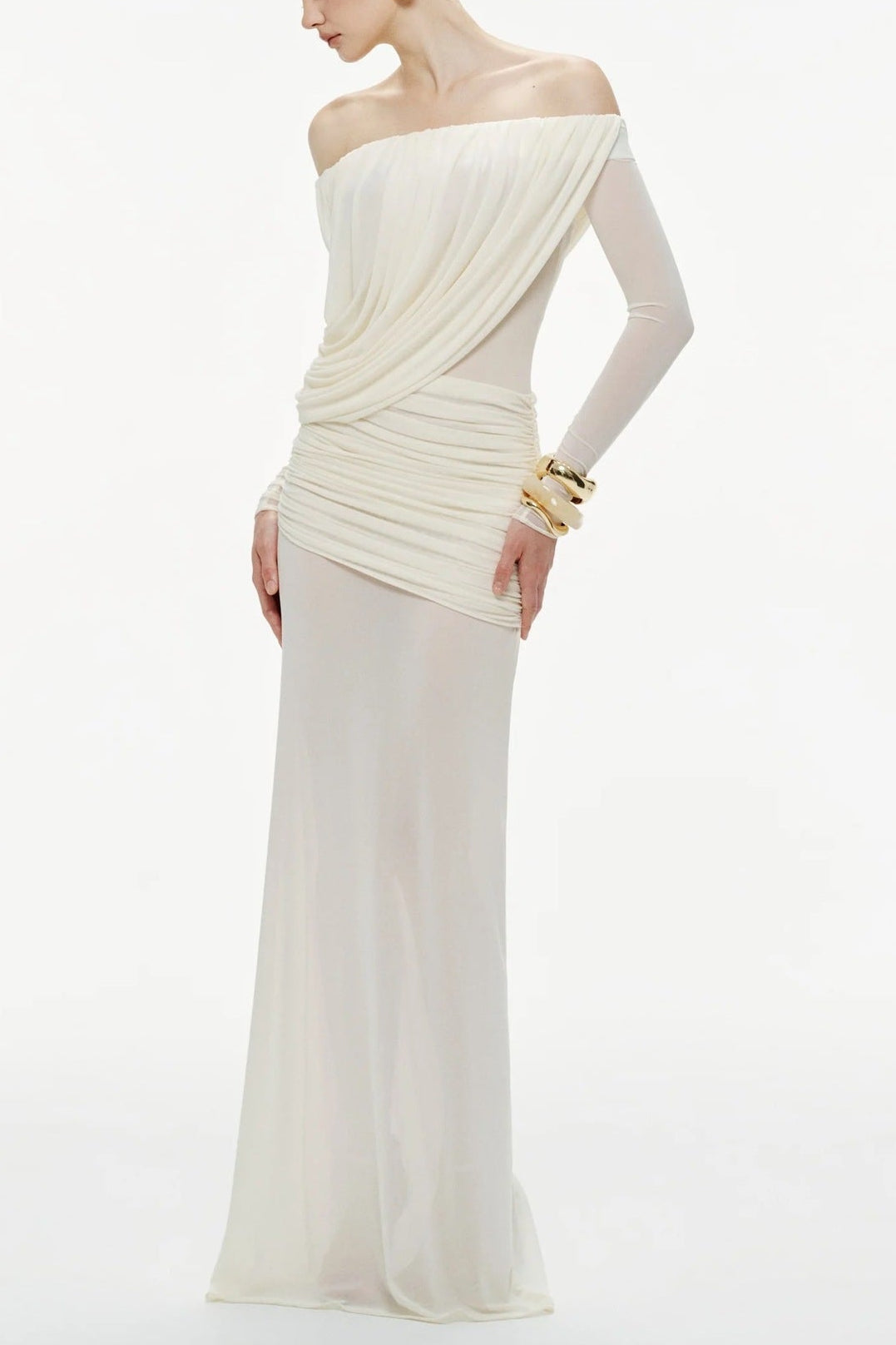 cara Off-shoulder long sleeve pleated mesh maxi dress in white