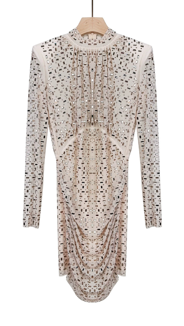AIIZIE ALTHEA CHAMPAGNE RHINESTONE MESH MINI DRESS - product image