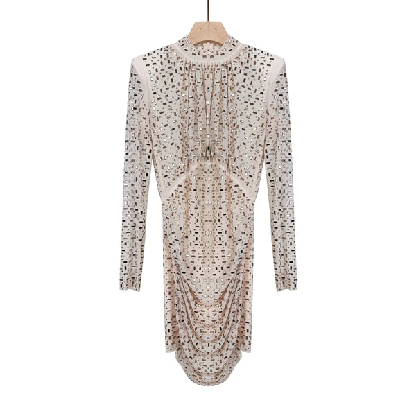 ALTHEA CHAMPAGNE RHINESTONE MESH MINI DRESS