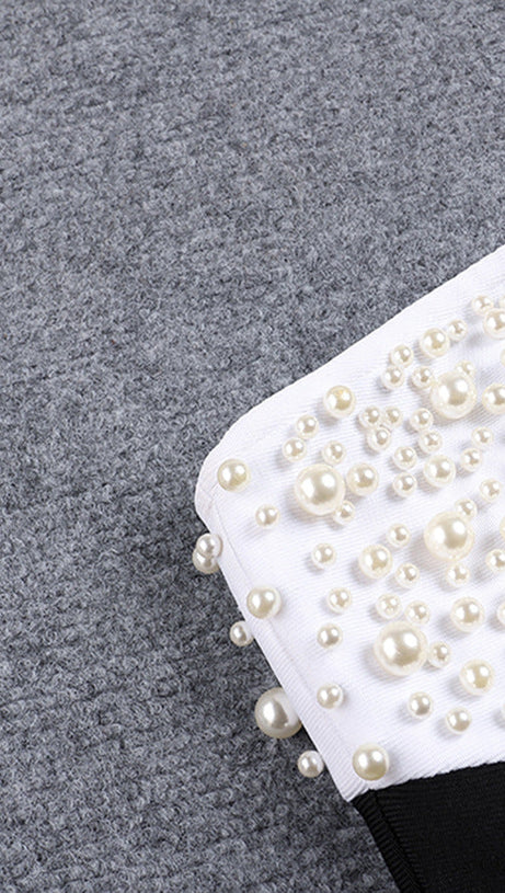 STRAPLESS PEARL EMBELLISHED STRETCH BODYCON DRESS IN BLACK