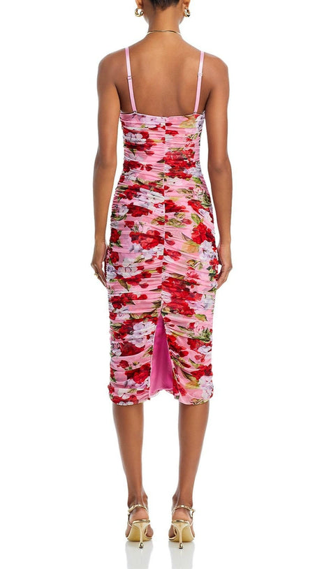 CAPRICE MULTICOLOR FLORAL MESH MIDI DRESS
