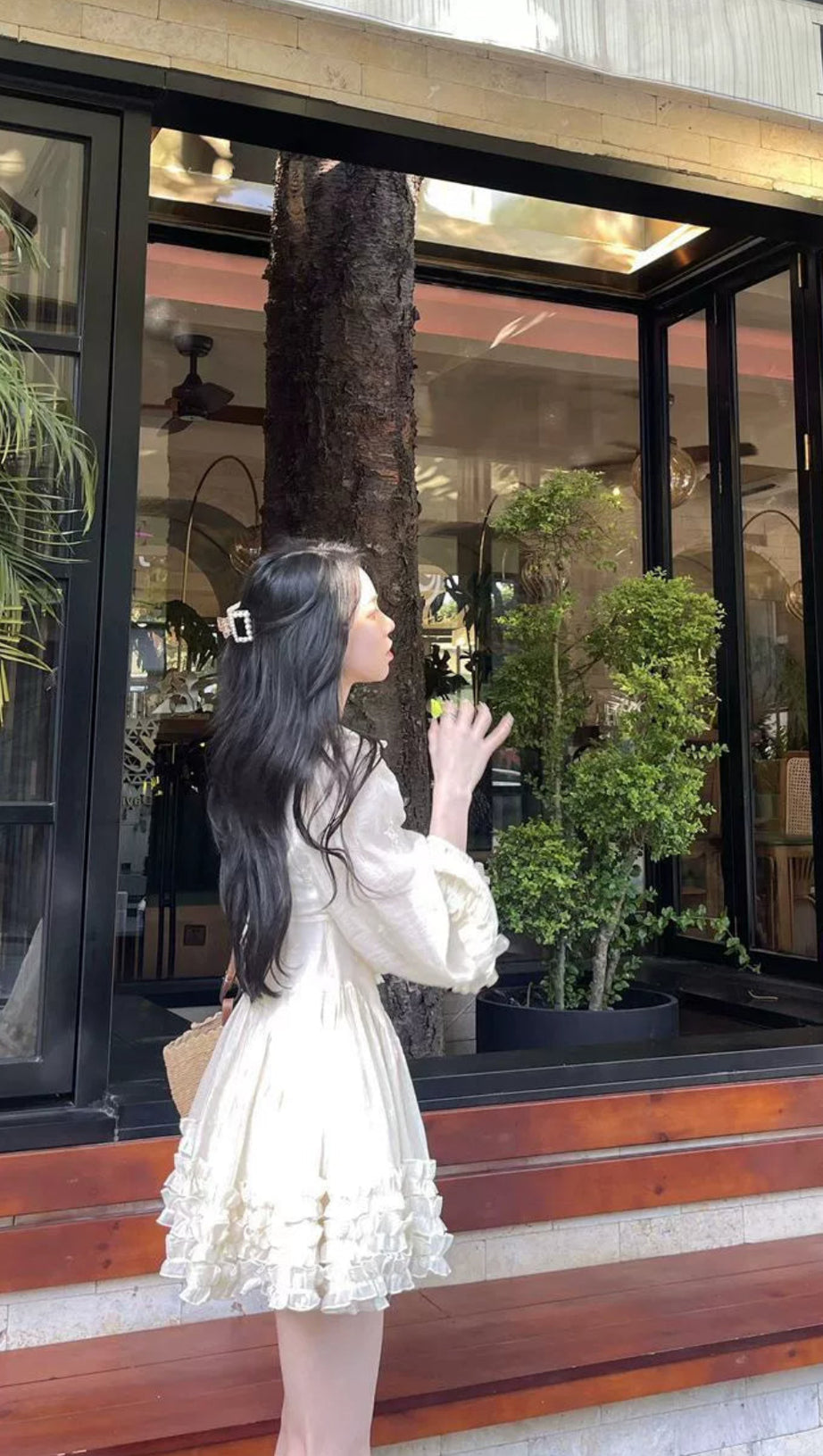 RUFFLED LONG-SLEEVE MINI DRESS IN CHAMPAGNE