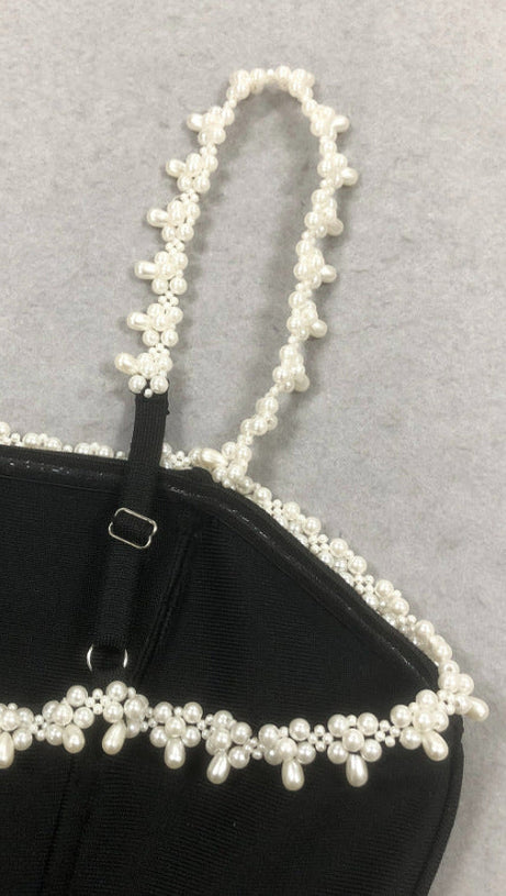 PEARL EMBELLISHED STRAP MINI DRESS IN BLACK