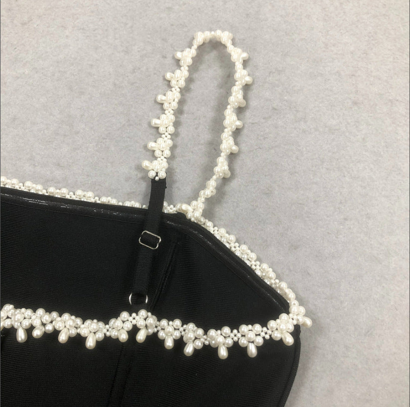 AIIZIE PEARL EMBELLISHED STRAP MINI DRESS IN BLACK - product image