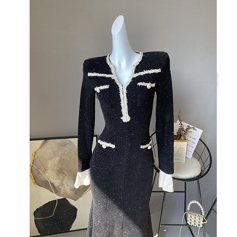 METALLIC YARN VELVET MIDI DRESS IN BLACK