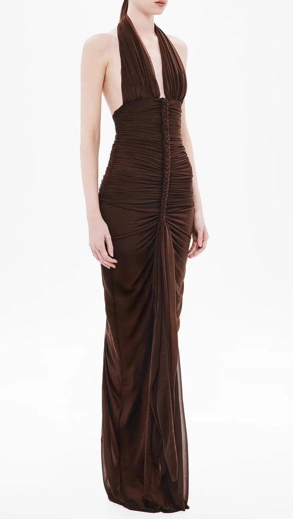 nancy v-neck pleated braided bodycon maxi dress - brown