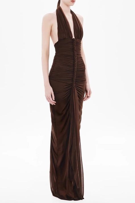 nancy v-neck pleated braided bodycon maxi dress - brown