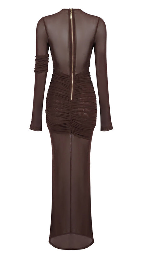 LONG SLEEVE MESH INSERT DRAPED MAXI DRESS
