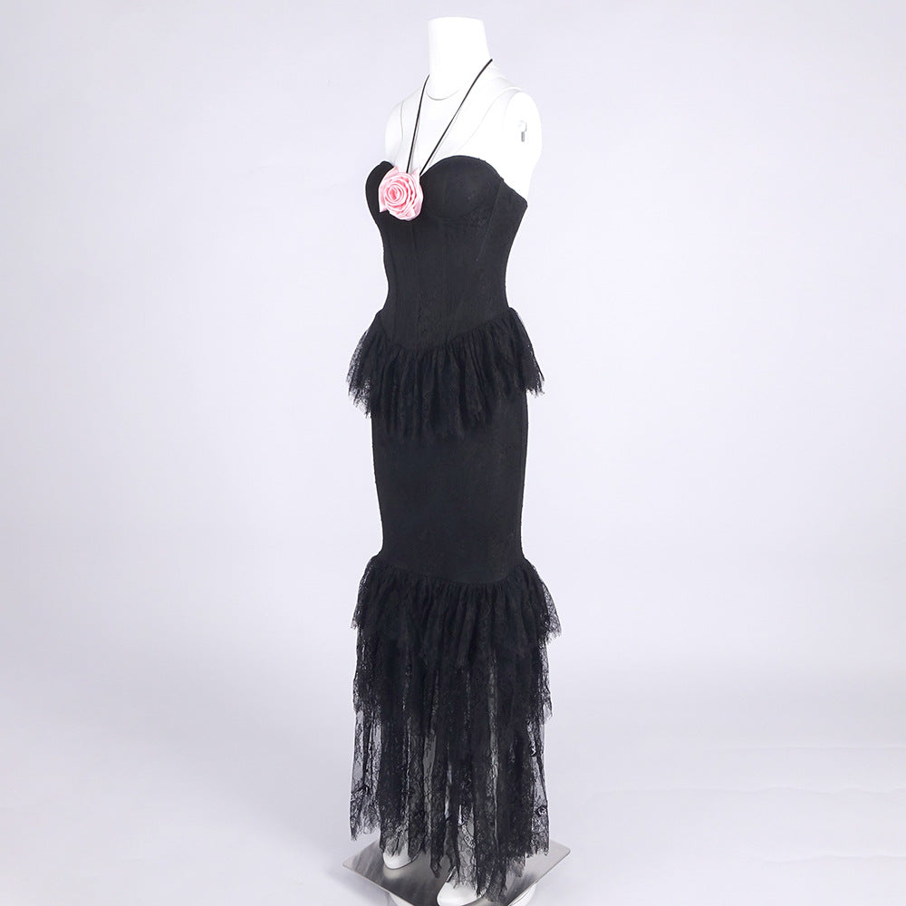 AIIZIE LACE TIERED FLOWER STRAPLESS MAXI DRESS IN BLACK - product image