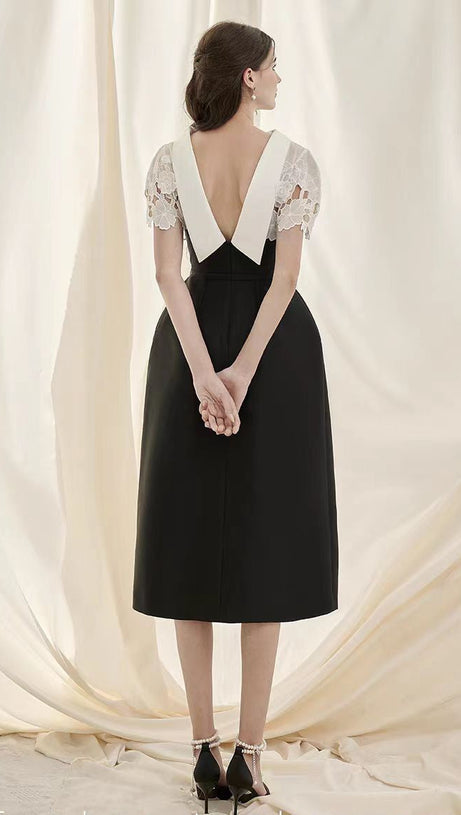 HOLLOW LACE SLIM A-LINE MIDI DRESS IN BLACK