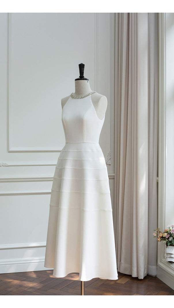AIIZIE SLEEVELESS HALTER NECK WITH DIAMOND MIDI DRESS IN WHITE - product image