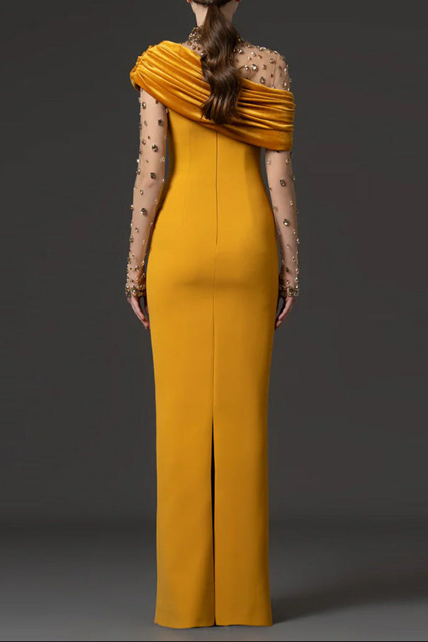 Mesh-paneled beaded rhinestone-embellished maxi dress - yellow