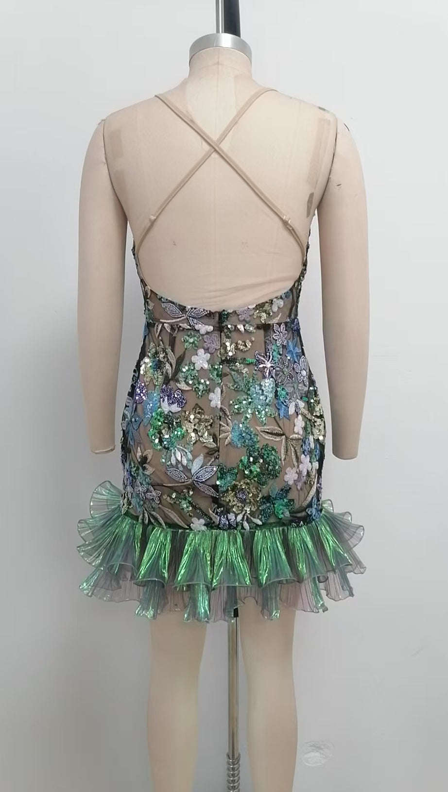 GREEN FLORAL EMBROIDERY STRAP MESH-PANELLED MINI DRESS