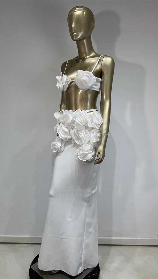 AIIZIE WHITE FLOWERED TOP AND LONG MIDI SKIRT SET - product image