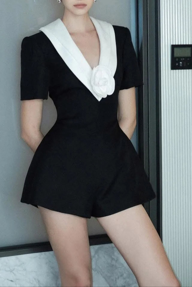 AIIZIE V NECK WHITE 3D FLOWER JUMPSUIT IN BLACK - product image