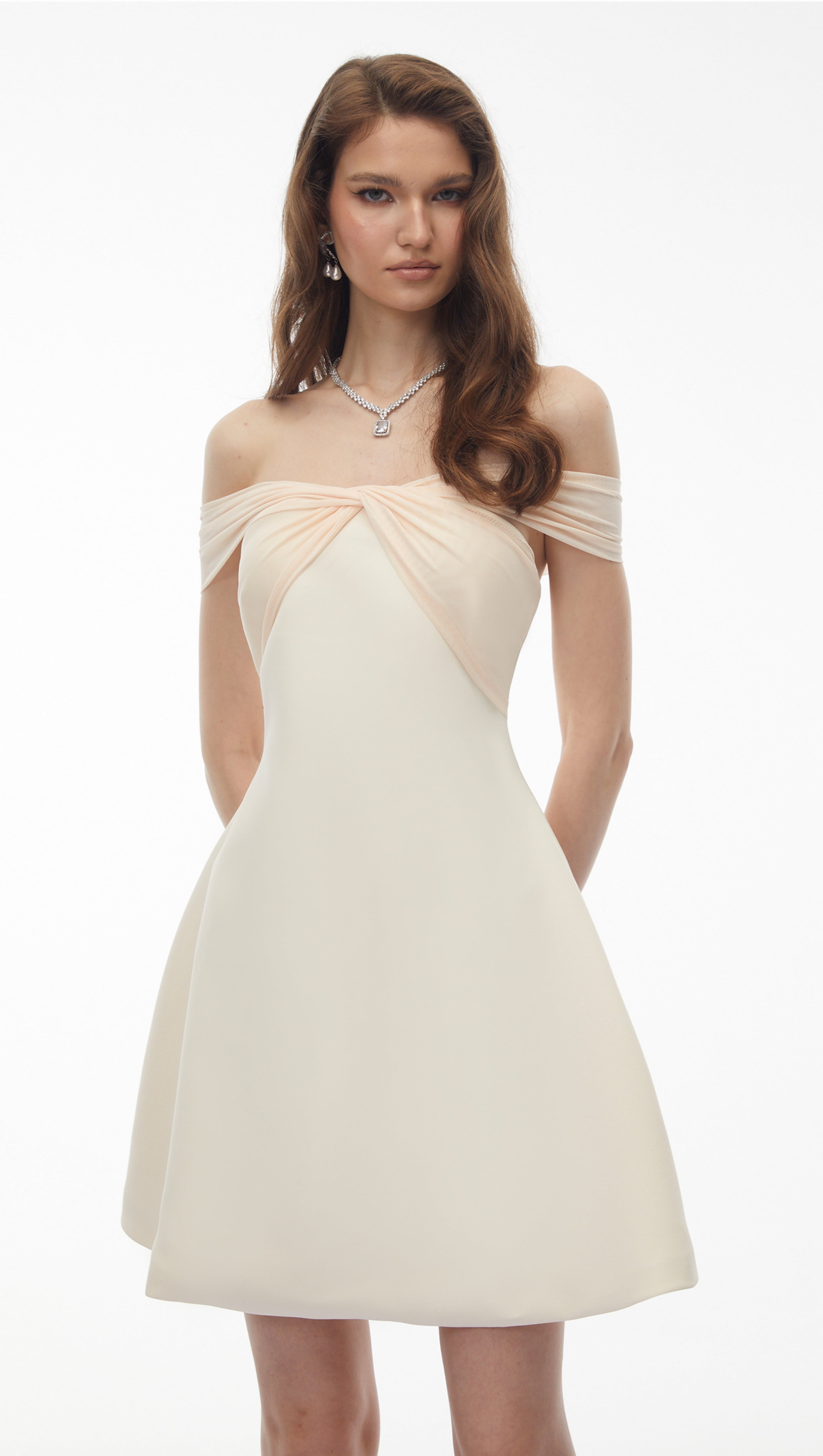 Oenone White Off Shoulder Mini Dress with Twist Front