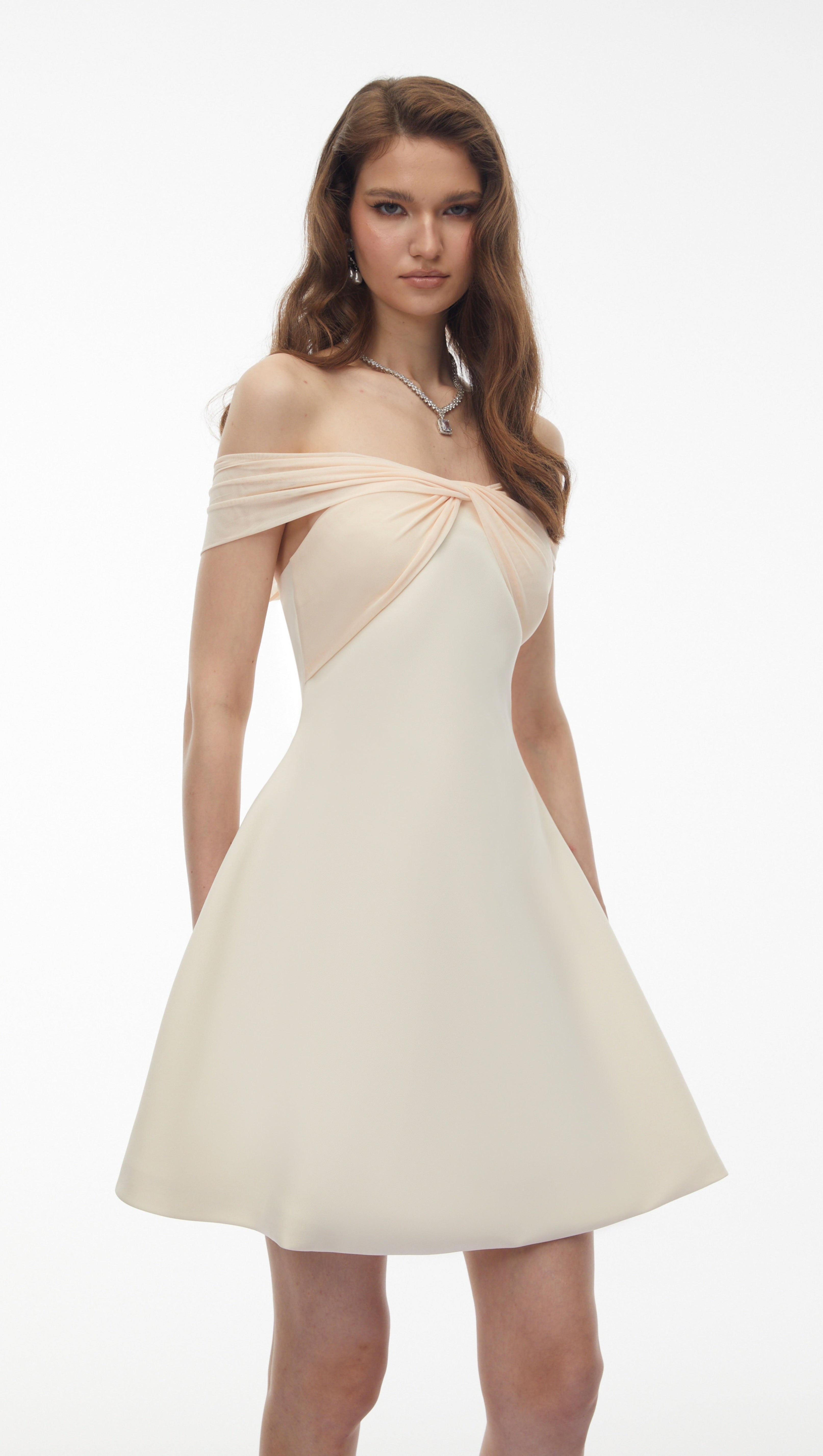 Oenone White Off Shoulder Mini Dress with Twist Front