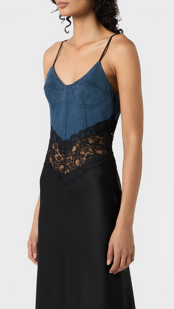 AIIZIE OLATHE DENIM LACE SATIN MAXI DRESS - product image