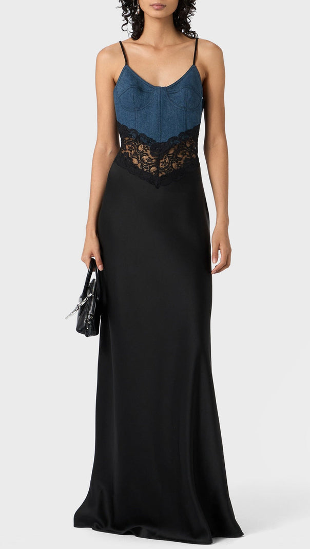 AIIZIE OLATHE DENIM LACE SATIN MAXI DRESS - product image
