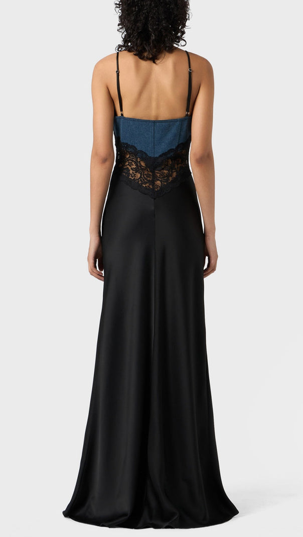 AIIZIE OLATHE DENIM LACE SATIN MAXI DRESS - product image